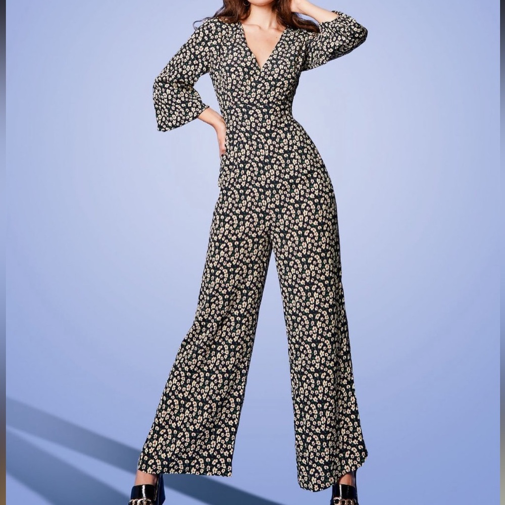 Coco Fennell Dark Floral Jumpsuit Wide Leg Long Sleeve Vneck